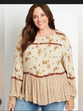 Maurices Cream Floral Peasant Tunic with Rust Trim